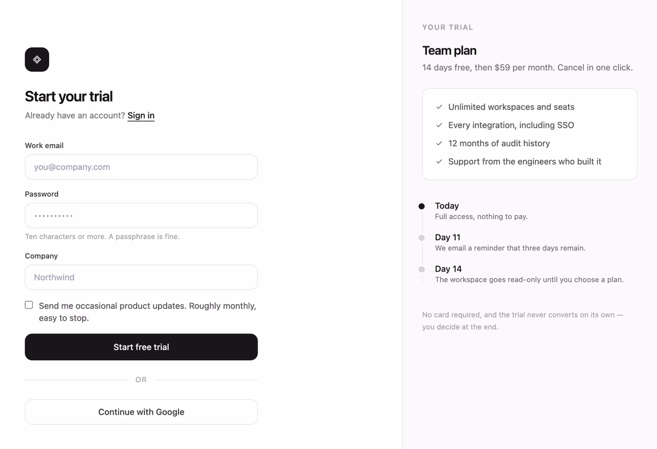 Podgląd: Trial signup with plan summary