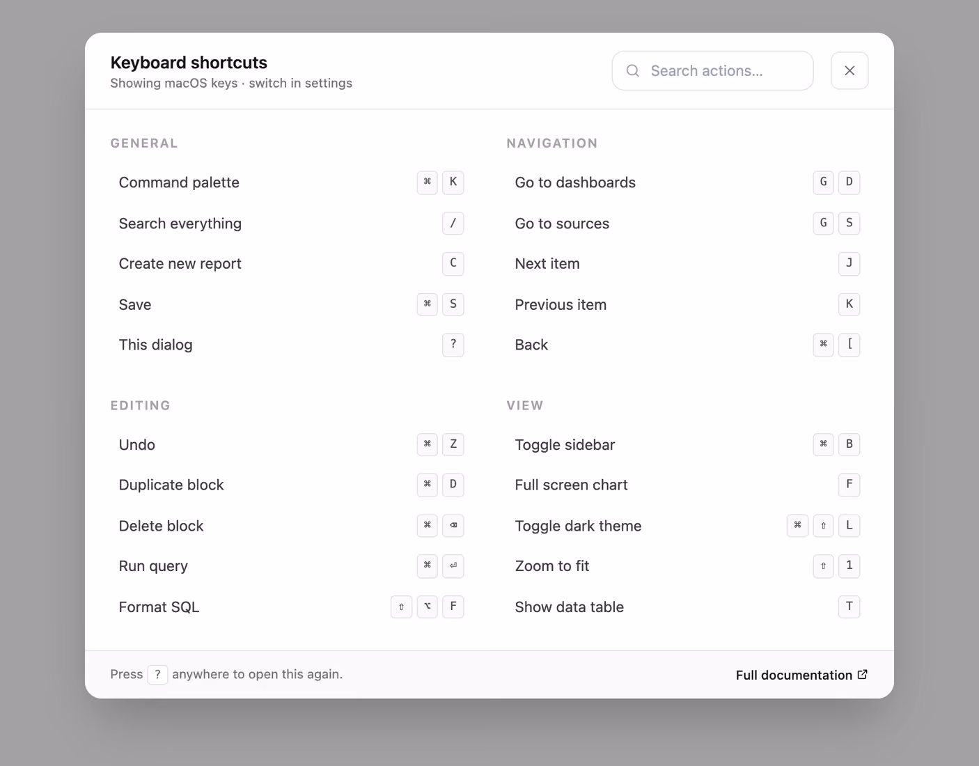 Podgląd: Keyboard shortcuts sheet