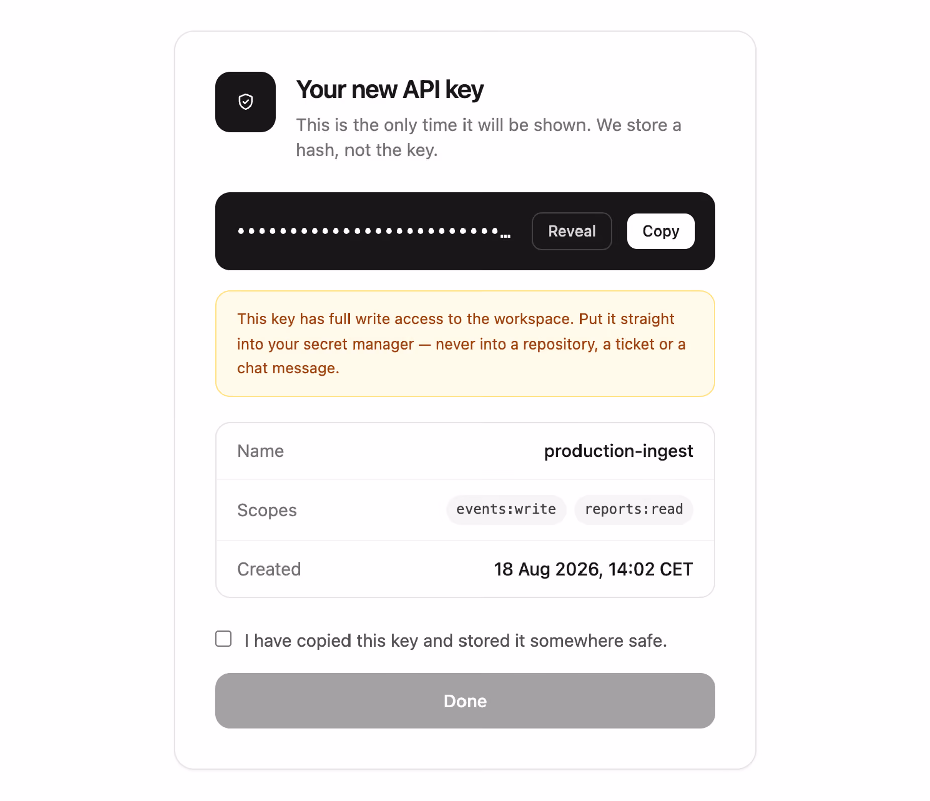 Podgląd: One-time API key reveal