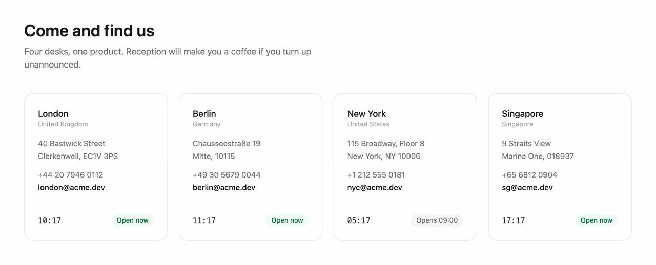 Podgląd: Offices with live local time
