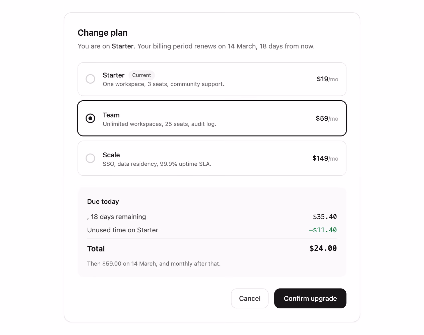 Podgląd: Change plan with prorated preview