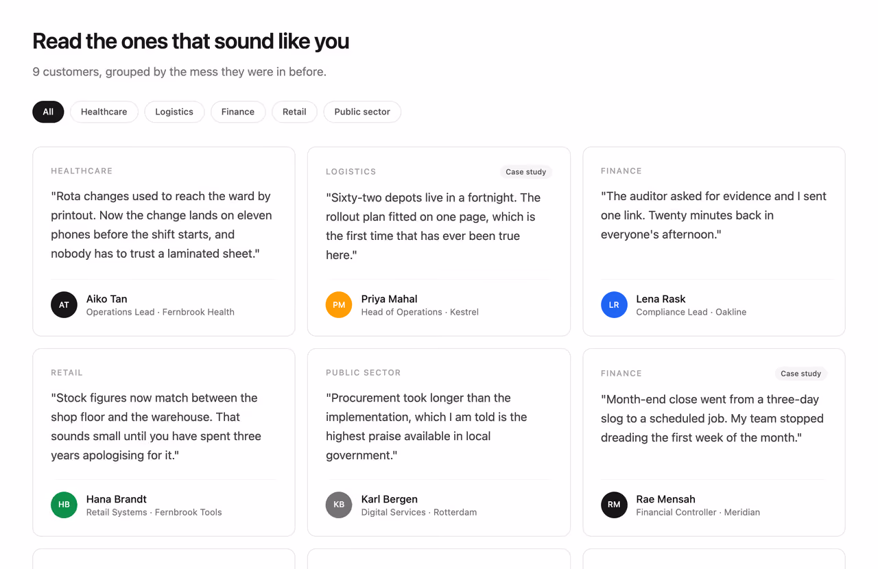 Podgląd: Filterable quote grid by industry